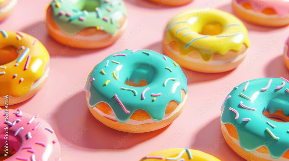 Donuts with bright, colorful icing on a pastel background Donuts with bright, colorful icing on a pastel background
