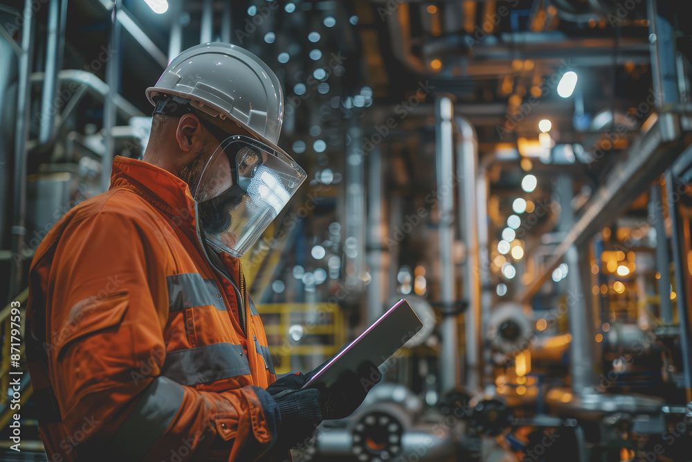 Worker in safety gear using a tablet to monitor nocturnal activities at an industrial plant. Worker in safety gear using a tablet to monitor nocturnal activities at an industrial plant.