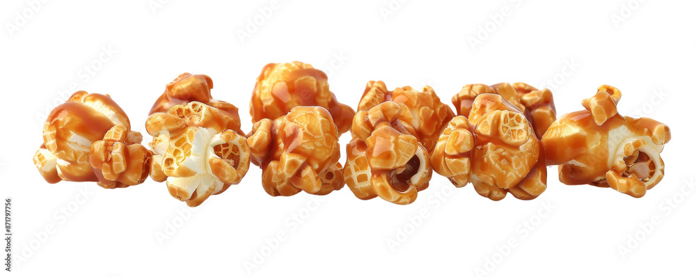Close-up of caramel popcorn lined up in a row, showcasing the delicious and sweet treat on a transparent background.