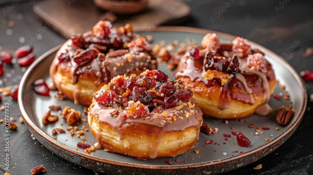Gourmet donuts with unique toppings on a ceramic plate Gourmet donuts with unique toppings on a ceramic plate