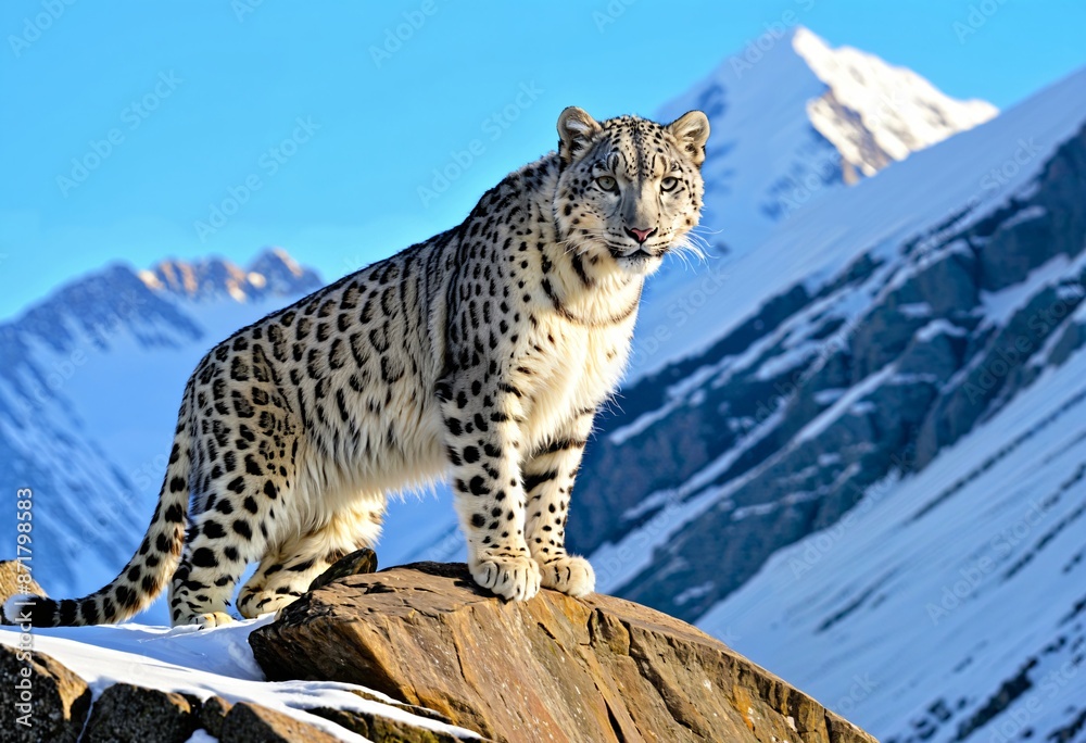 Snow leopard on rock against snowy mountain backdrop Snow leopard on rock against snowy mountain backdrop