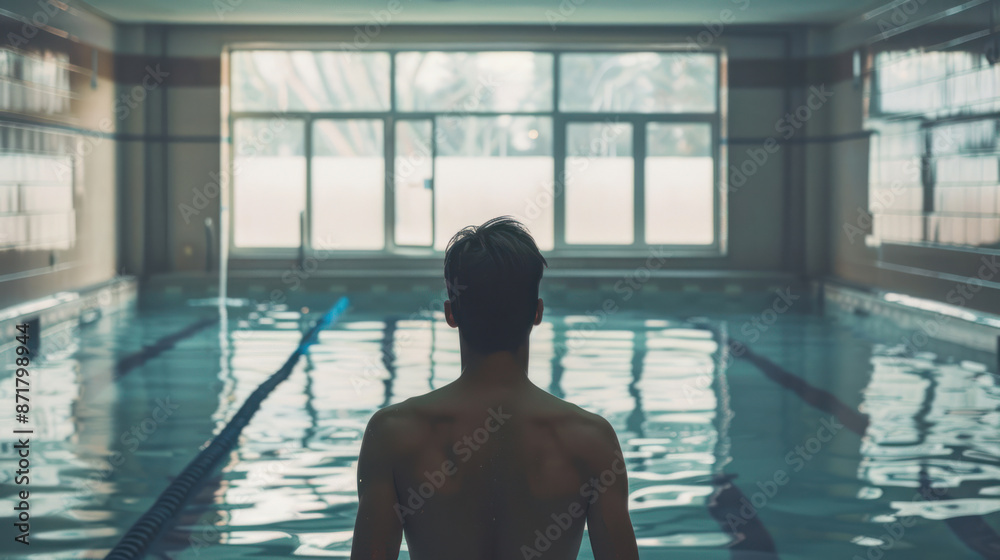 Man preparing for a swim in an indoor pool Man preparing for a swim in an indoor pool