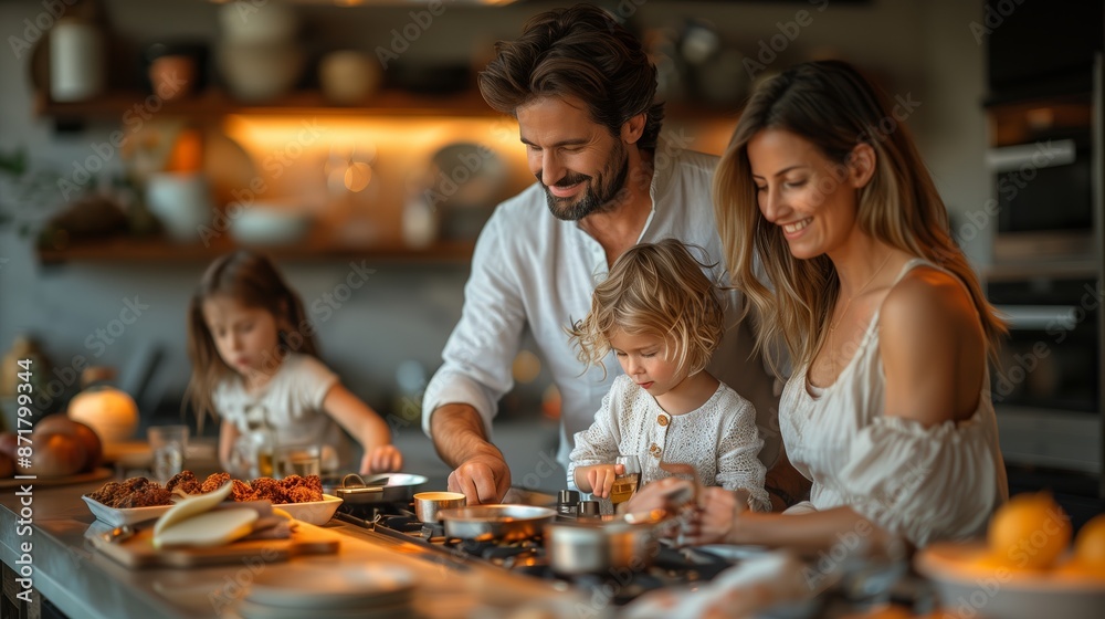 Fototapeta premium Family Cooking Together in a Modern Kitchen at Night