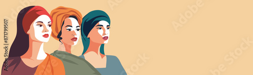 Vector flat banner for International Women's Day, women in headscarves of different cultures and nationalities. Vector concept of movement for gender equality and women's empowerment