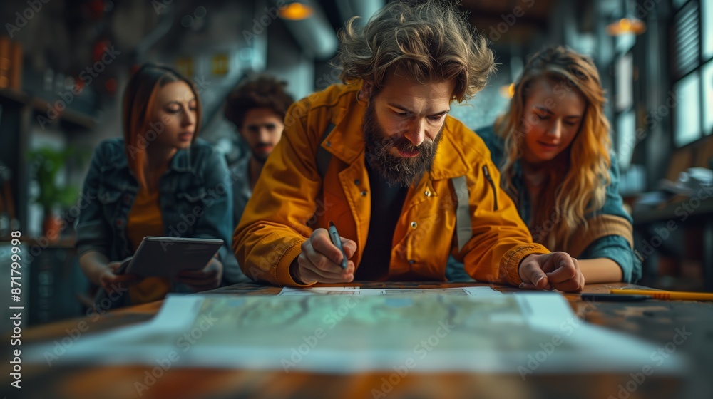 Group of Friends Planning Adventure Trip Using Map and Tablet