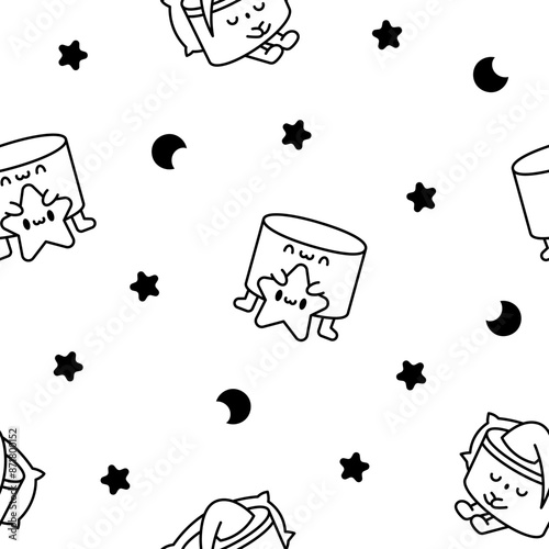 Cartoon kawaii drum character with sticks. Seamless pattern. Coloring Page. Funny musical personage with drumsticks. Hand drawn style. Vector drawing. Design ornaments.