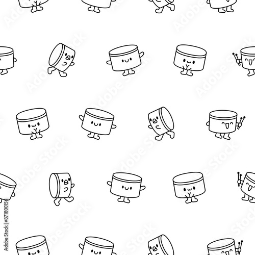 Cartoon kawaii drum character with sticks. Seamless pattern. Coloring Page. Funny musical personage with drumsticks. Hand drawn style. Vector drawing. Design ornaments.