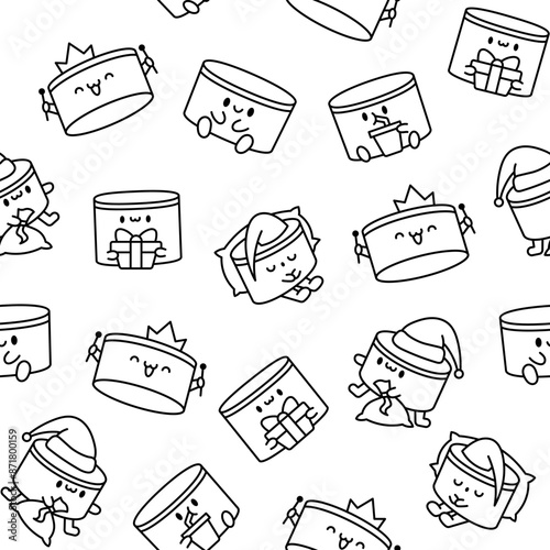 Cartoon kawaii drum character with sticks. Seamless pattern. Coloring Page. Funny musical personage with drumsticks. Hand drawn style. Vector drawing. Design ornaments.