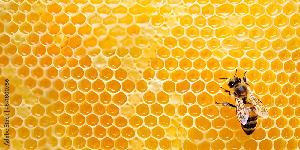 A pollen-covered bee diligently working in a honey-filled honeycomb. Concept Nature, Pollination, Bees, Honey, Insect A pollen-covered bee diligently working in a honey-filled honeycomb. Concept Nature, Pollination, Bees, Honey, Insect