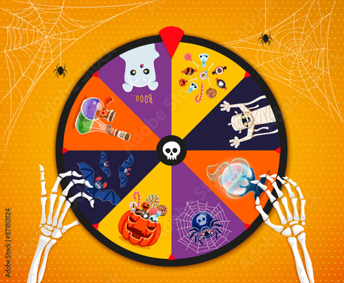 Halloween spin, fortune wheel roulette. Gambling spin, bet jackpot game vector Halloween roulette with ghost, mummy and bat cartoon characters, candy treat, spider web, skeleton hand and magic potions