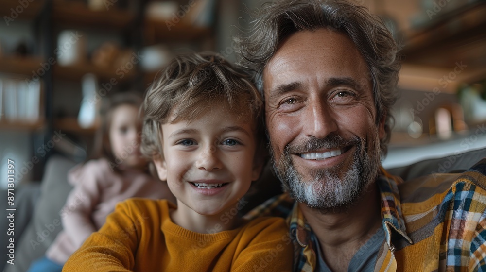 Happy family portrait of parent with children laughing together. Happy family portrait of parent with children laughing together.