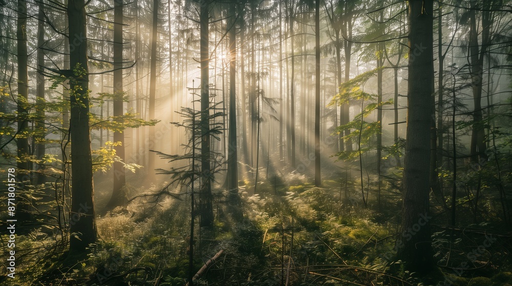 Obraz premium mysterious and enchanting scene of a dense forest at dawn