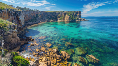 Scenic coastline with cliffs and clear blue water under a bright sky