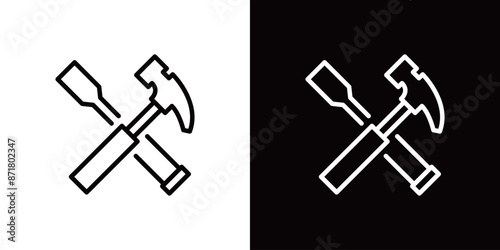 シンプルなのみとハンマーの線画アイコン