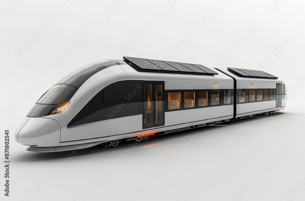 3D rendering of a high-speed train model with solar panels on the roof and white background. The exterior of the vehicle is simple in shape 3D rendering of a high-speed train model with solar panels on the roof and white background. The exterior of the vehicle is simple in shape