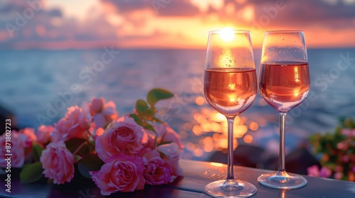 Two Glasses of Rose Wine at Sunset on the Beach