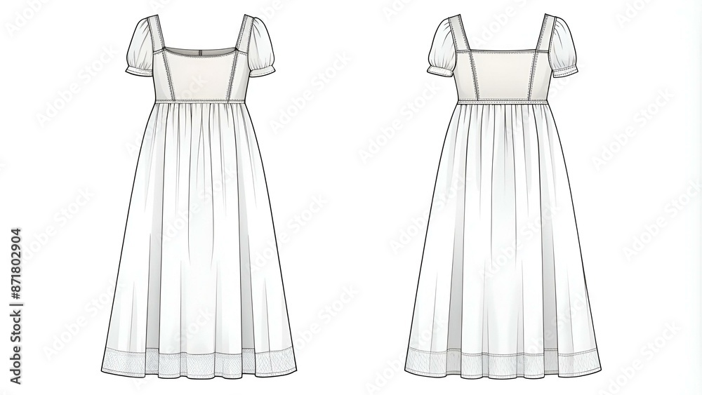 Vector maxi bohemian dress fashion CAD, woman flared square neck long dress technical drawing, template, sketch, flat, mock up. Jersey or woven fabric mini 4 pcs dress with front view, white color Vector maxi bohemian dress fashion CAD, woman flared square neck long dress technical drawing, template, sketch, flat, mock up. Jersey or woven fabric mini 4 pcs dress with front view, white color