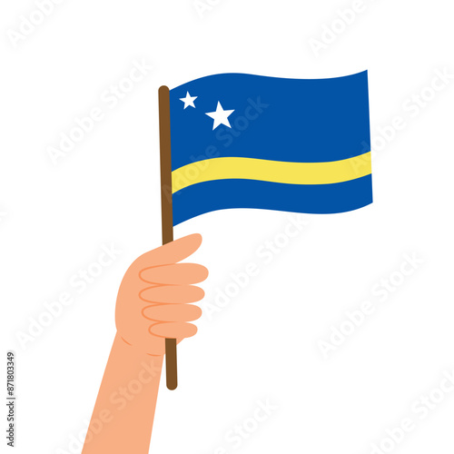 Hand holding a flag of Curaçao. Vector illustration of the Curacao flag in flat style isolated on white background.