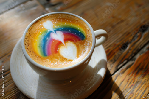 Image of a cup of coffee with latte art depicting a rainbow on the foam.