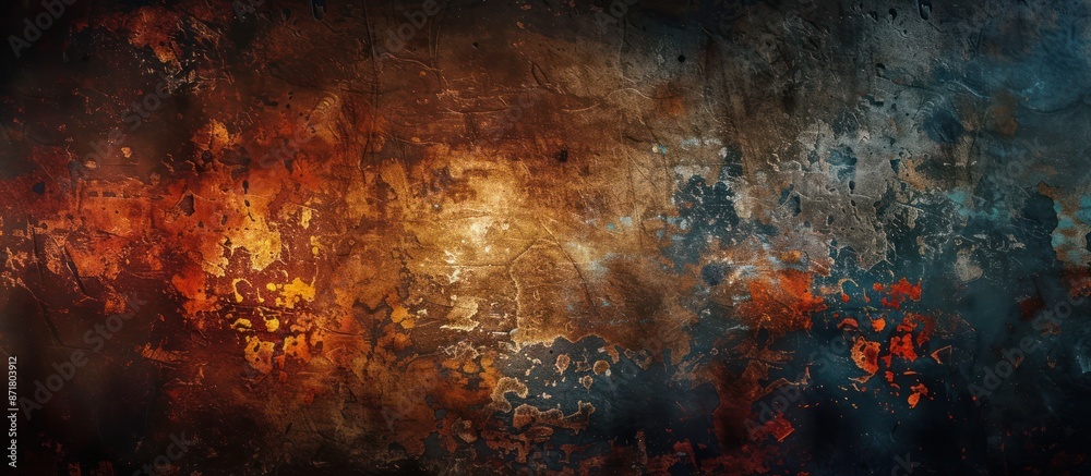Obraz premium Grunge texture. Dark rusty metal background with glowing red and yellow spots.