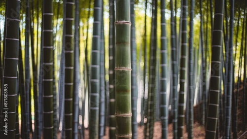 Stunning photo of bamboo stalks, taken in a peaceful forest..