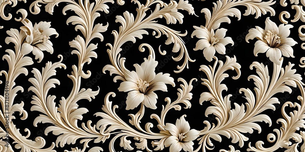 wallpaper representing a white floral art pattern with embossed flowers and leaves. All on a black background. wallpaper representing a white floral art pattern with embossed flowers and leaves. All on a black background.