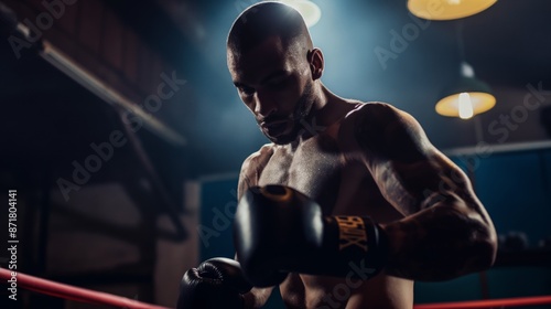 A boxer in gloves trains in the ring, intense training