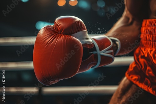 A boxer in gloves trains in the ring, intense training