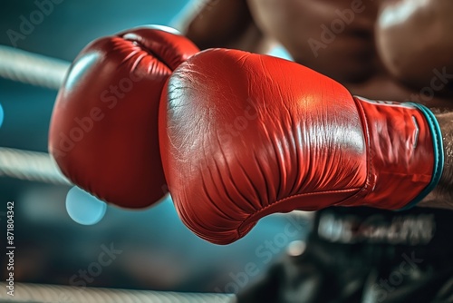 A boxer in gloves trains in the ring, intense training