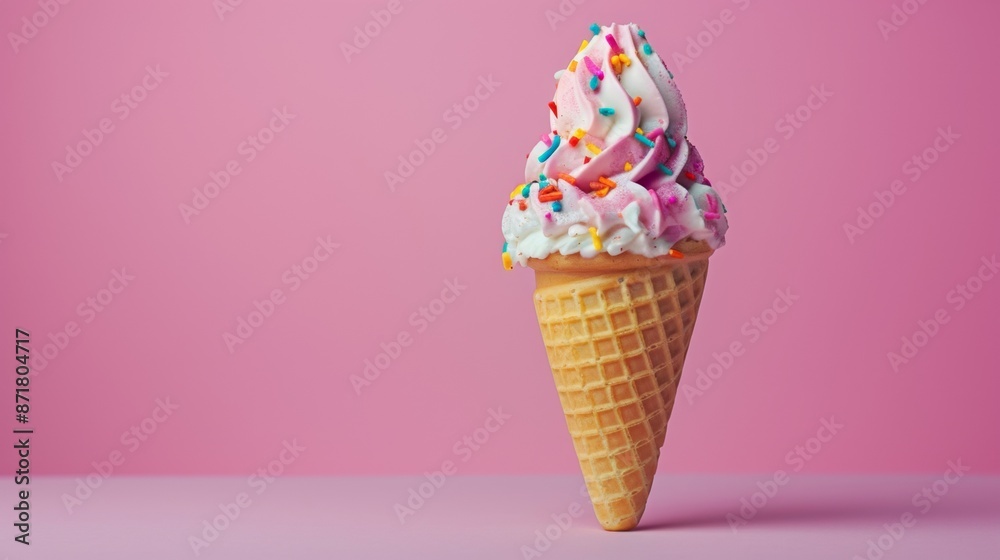 Colorful ice cream cone on pink background