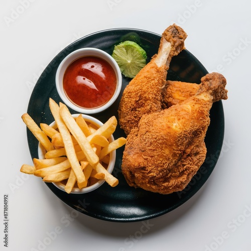 Delicious fried chicken with french fries isolated on a white background