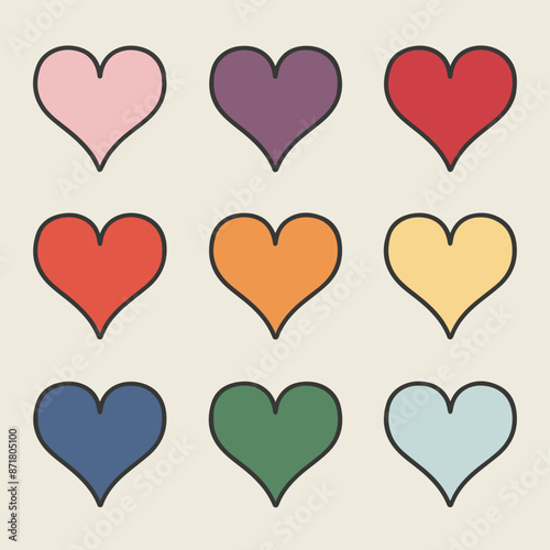 A grid of nine heart-shaped icons, each with a distinct color. They are arranged in a 3x3 matrix, with the colors being pink, purple, red, orange, yellow, light blue, dark blue, green, and teal. 