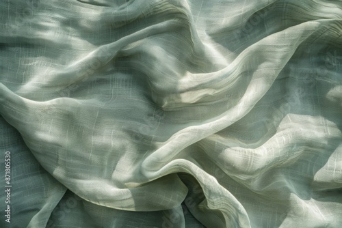 Pastel sage green blue cloth texture with folds, soft sunlight shadows