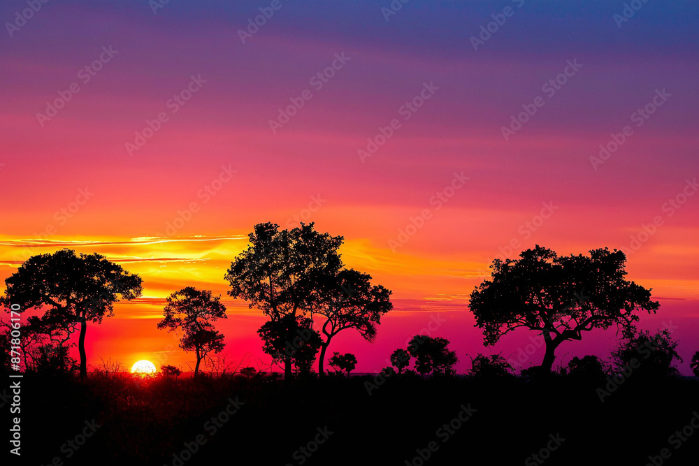 Silhouetted trees against a vibrant sunset sky with rich hues of pink orange and purple creating a dramatic landscape Silhouetted trees against a vibrant sunset sky with rich hues of pink orange and purple creating a dramatic landscape