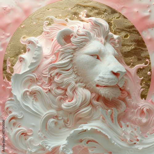 A sculpture of a lion head with intricate, flowing mane resembling liquid or paint splashes  " ai generated " © Shaji