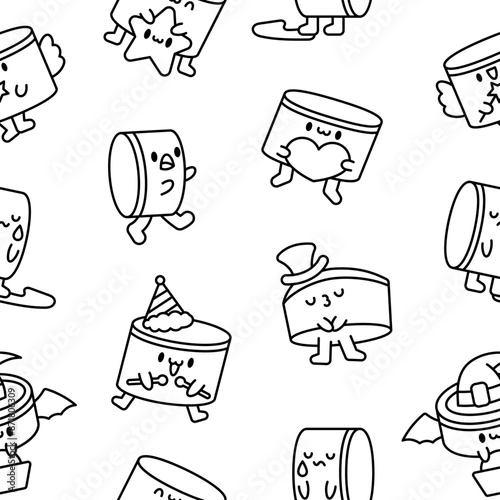Cartoon kawaii drum character with sticks. Seamless pattern. Coloring Page. Funny musical personage with drumsticks. Hand drawn style. Vector drawing. Design ornaments.