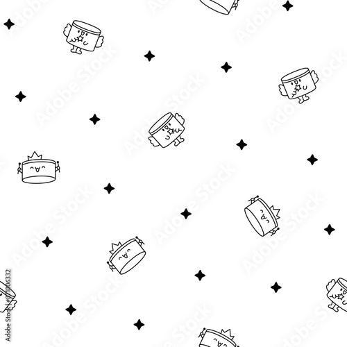 Cartoon kawaii drum character with sticks. Seamless pattern. Coloring Page. Funny musical personage with drumsticks. Hand drawn style. Vector drawing. Design ornaments.
