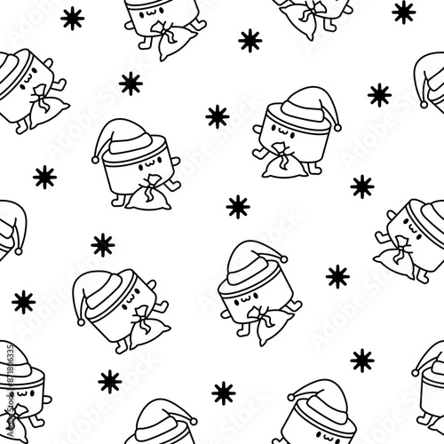 Cartoon kawaii drum character with sticks. Seamless pattern. Coloring Page. Funny musical personage with drumsticks. Hand drawn style. Vector drawing. Design ornaments.