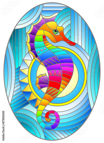 An illustration in stained glass style with fabulous abstract fish seahorse, rainbow fish on blue background, oval image