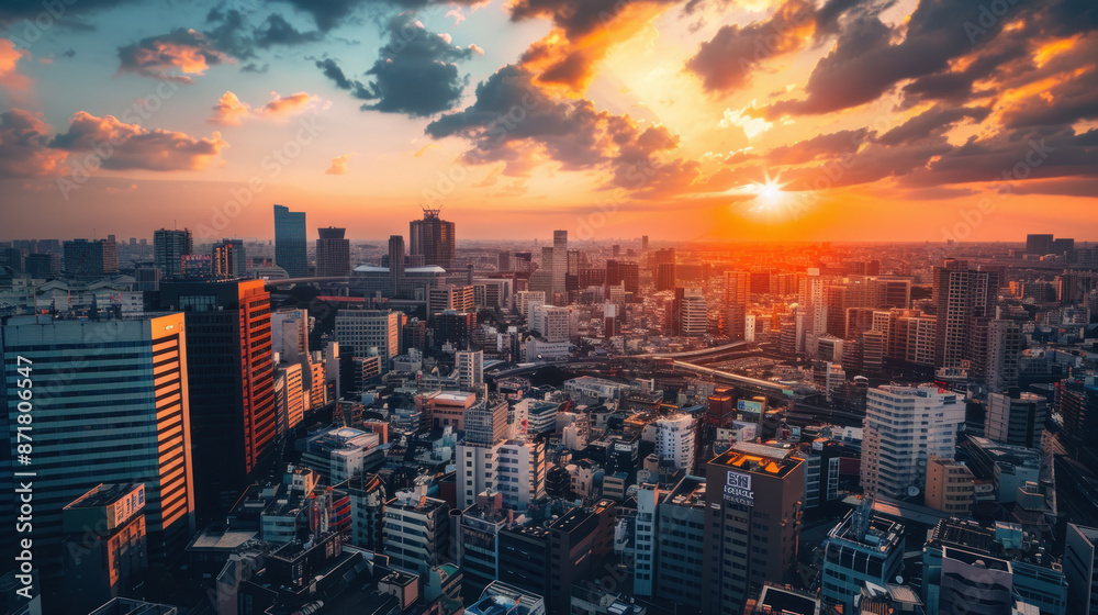 Fototapeta premium Sunset view from a rooftop terrace in a bustling Japanese city
