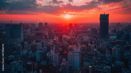 Sunset view from a rooftop terrace in a bustling Japanese city