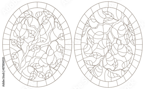 A set contour illustrations of stained glass, the branch of a lemon tree and a pear tree with ripe fruits