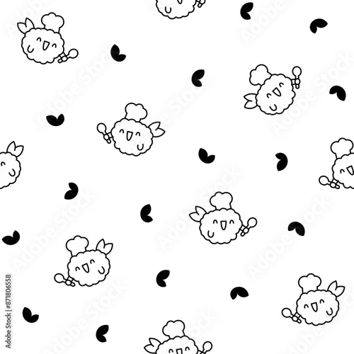 Cute happy kawaii tempura shrimp. Seamless pattern. Coloring Page. Funny cartoon food character. Hand drawn style. Vector drawing. Design ornaments.