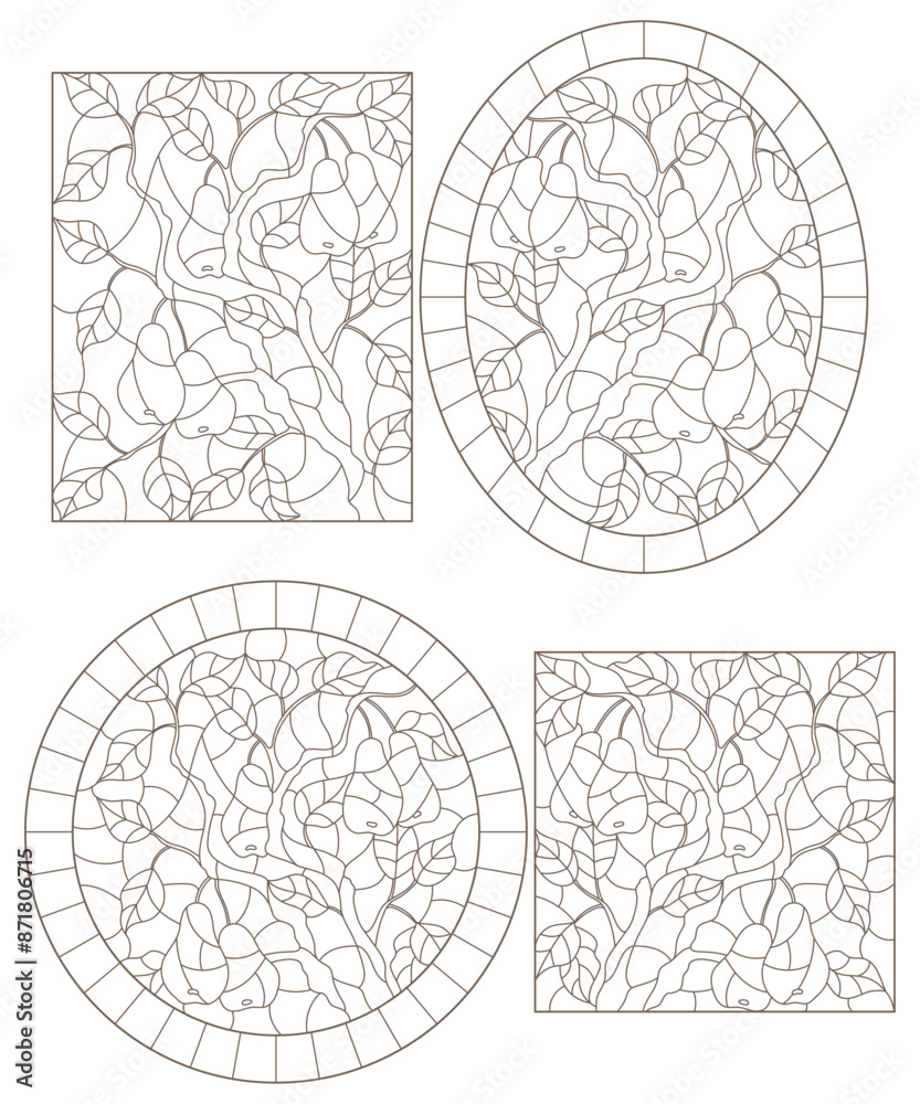 A set of contour illustrations of stained glass Windows with pear leaves and fruit branches A set of contour illustrations of stained glass Windows with pear leaves and fruit branches