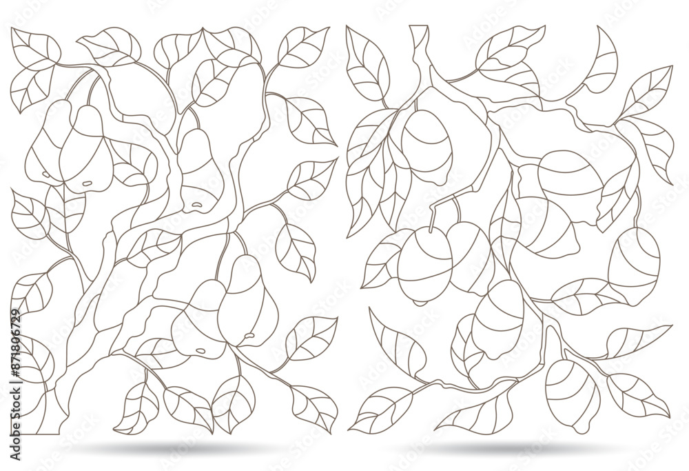 Fototapeta premium A set contour illustrations of stained glass, the branch of a lemon tree and a pear tree with ripe fruits