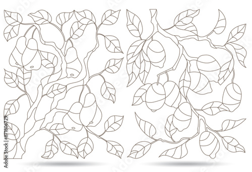 A set contour illustrations of stained glass, the branch of a lemon tree and a pear tree with ripe fruits