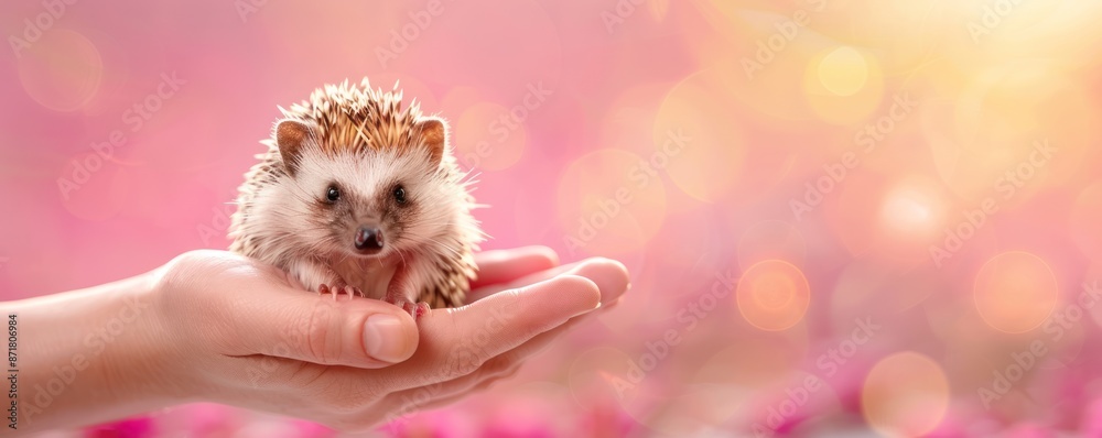 Soft hands holding a hedgehog with a red background selective focus, gentle affection, surreal, Manipulation, garden patio backdrop