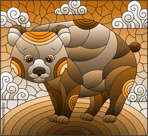 Illustration in the style of a stained glass window with a cute cartoon bear on the background of a meadow and a cloudy sky