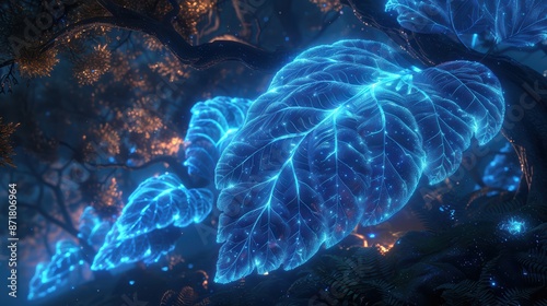 Close-up shot of large leaves glowing blue in the forest. photo
