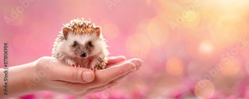 Soft hands holding a hedgehog with a red background selective focus, gentle affection, surreal, Manipulation, garden patio backdrop